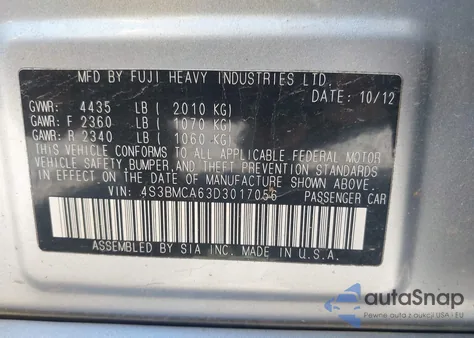 2013 Subaru Legacy 2.5I z USA, uszkodzony, nr VIN 4S3BMCA63D3017056